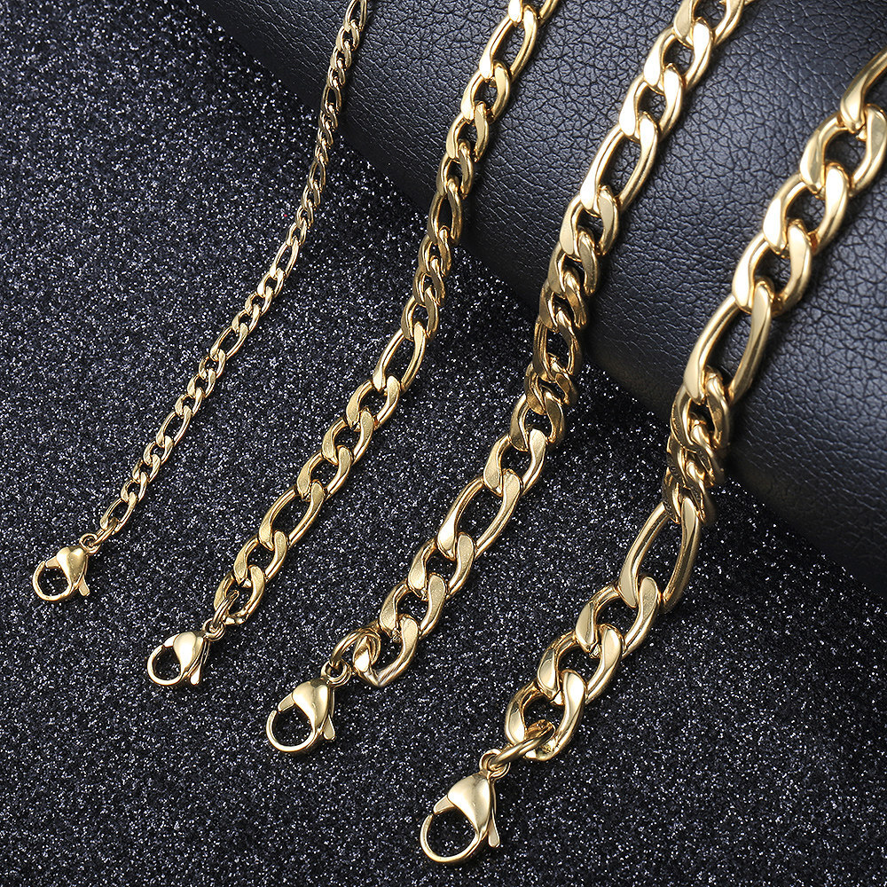 3-9mm Mens Gold Plated Stainless Steel Figaro Chain Bracelet Father’s Day Gift