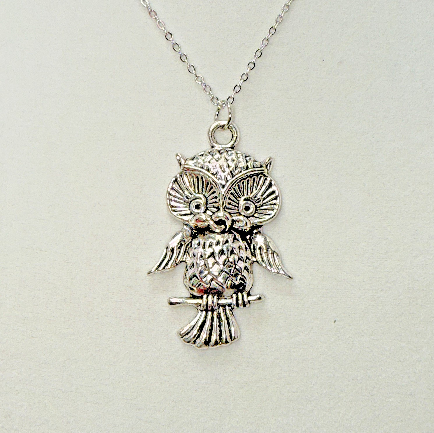 Vintage Silver Tone Owl Perched on Branch Pendant Necklace Textured Detailed