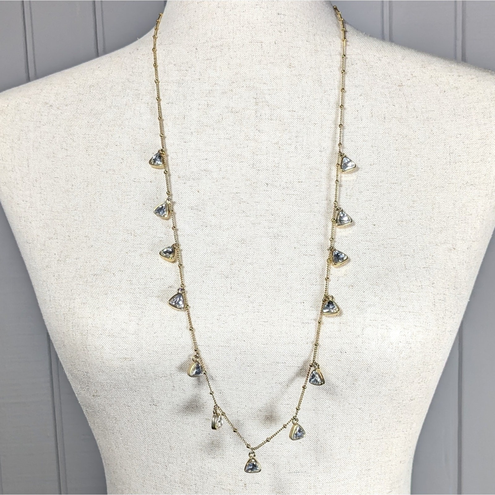 Ann Taylor Long Gold Tone Dangle Necklace Clear Faceted Crystals 32in