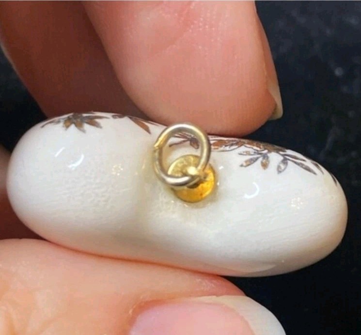 Vintage White Porcelain Heart Pendant with Hand Painted Gold Floral Design