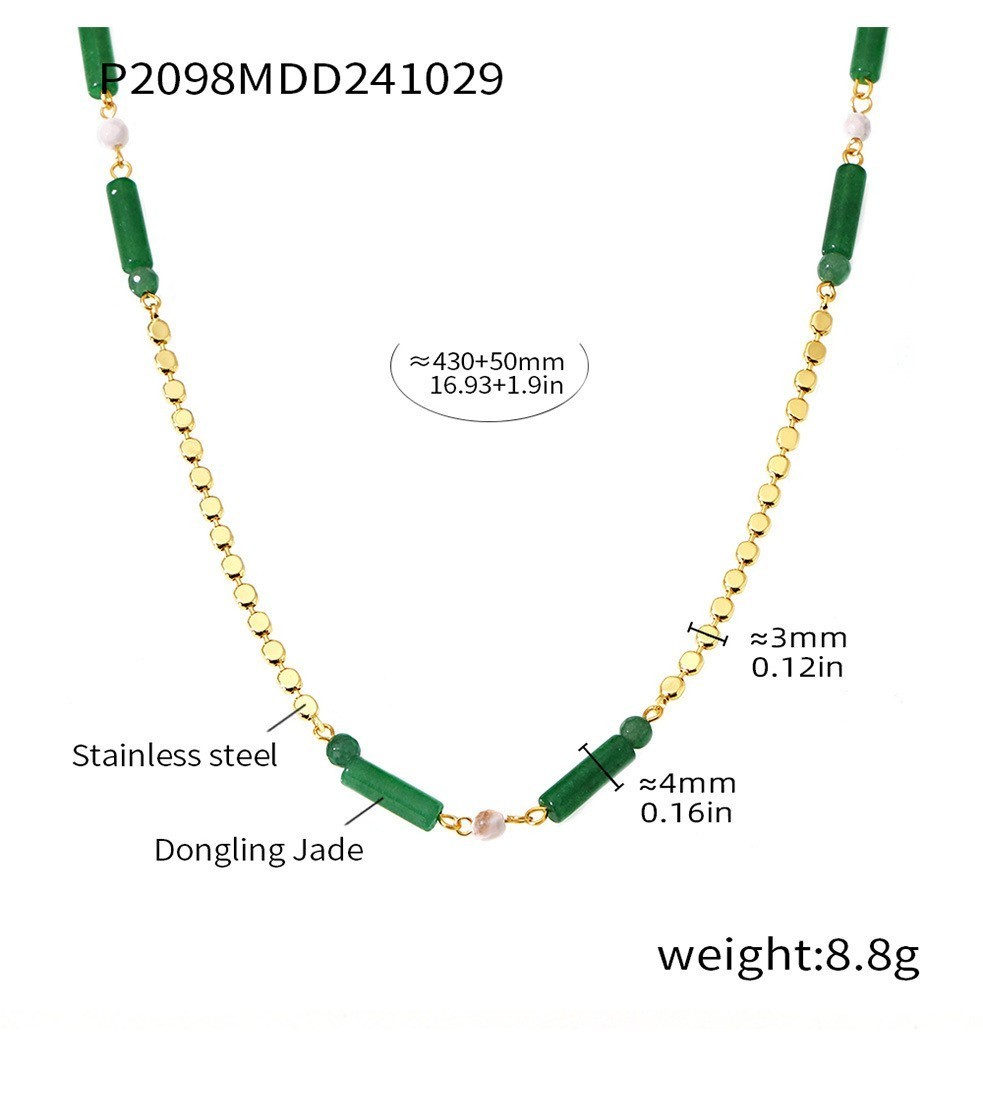 Stainless Steel Green Natural Stone Bamboo Bead Faux Pearl Necklace