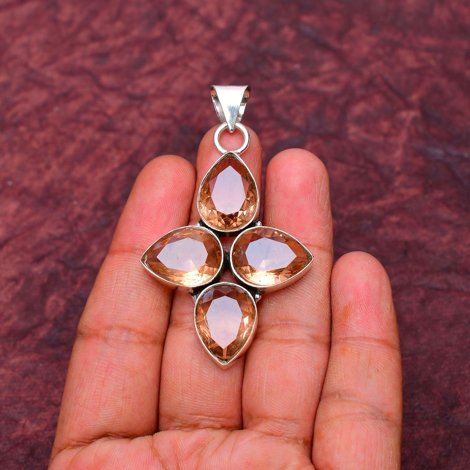 Morganite Gemstone 925 sterling silver Handmade Cross Pendant Jewwelry 2.28″