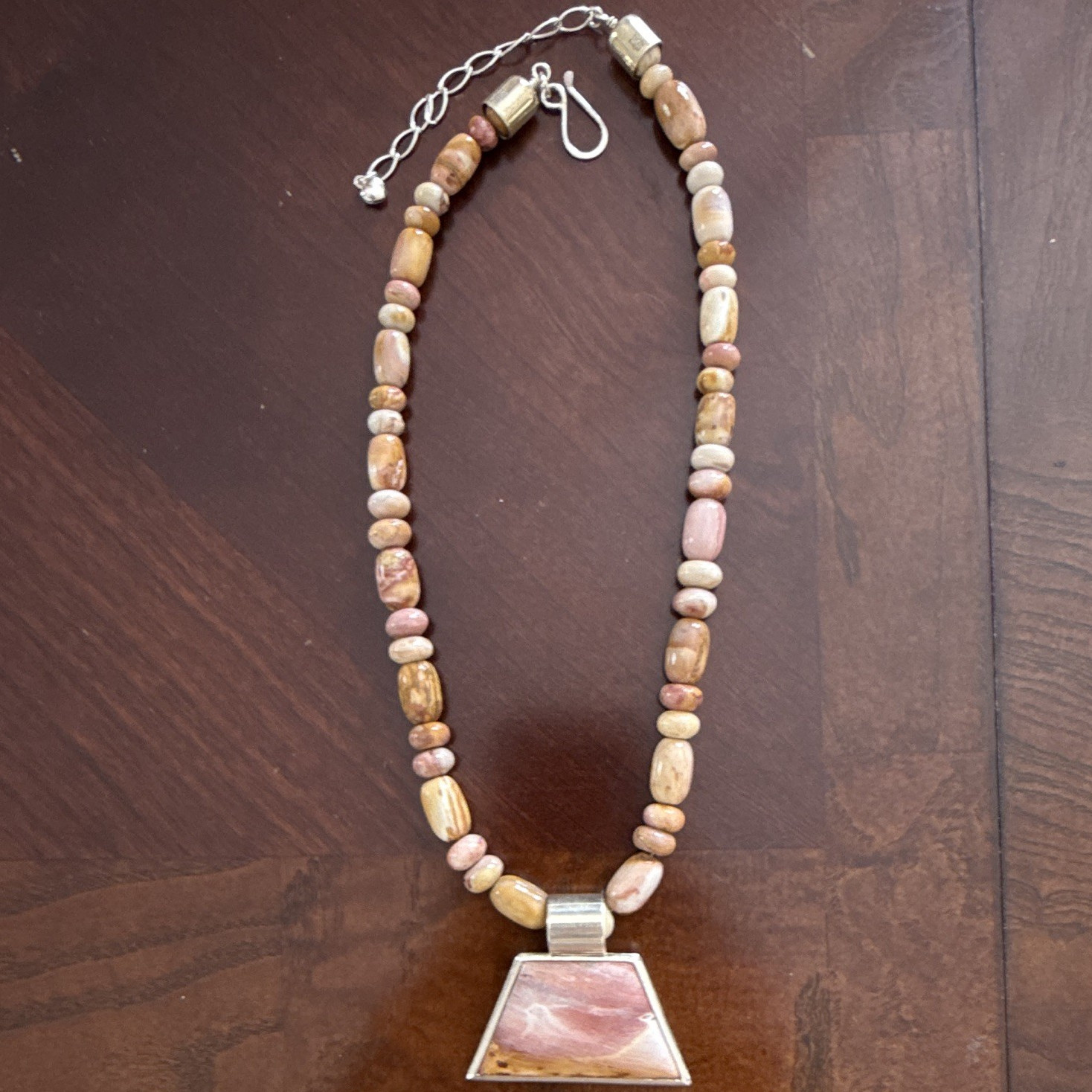 Beaded Necklace Pink Trapezoid Stone Charm Pendant Silver Metal Adjustable