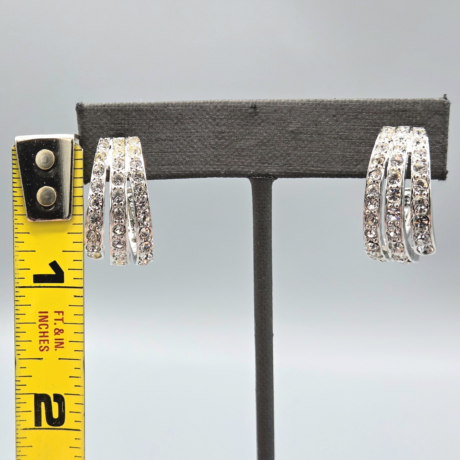 St. John Crystal Pave Rhodium Plate Triple Huggie Hoop Post Earrings