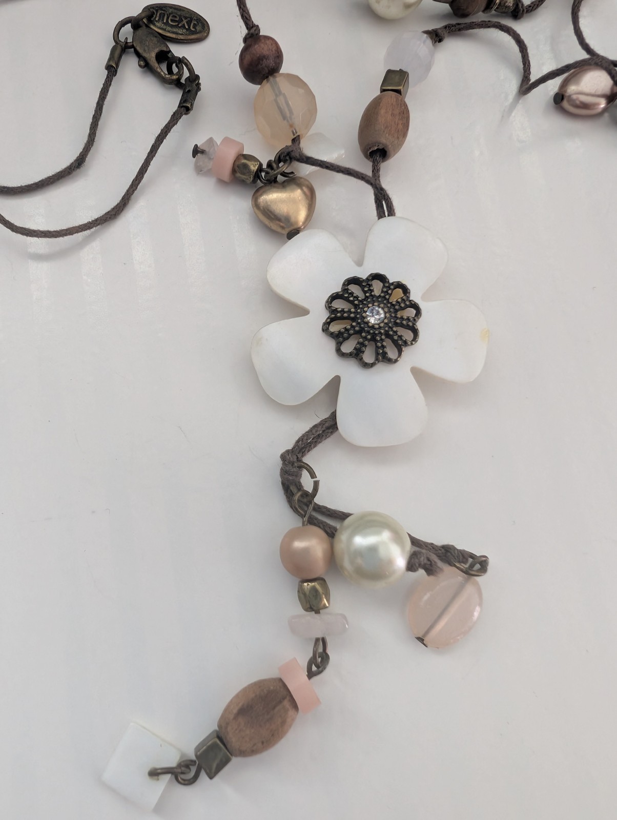 Next Signed Floral Heart Faux Crystal Pearl Wood Beaded Tassel Pendant Necklace