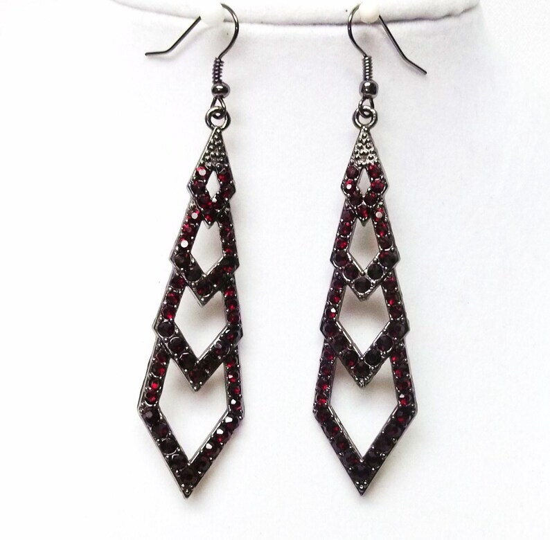 Tiered Drop Earrings w/Siam Crystals on Gum Metal Earrings