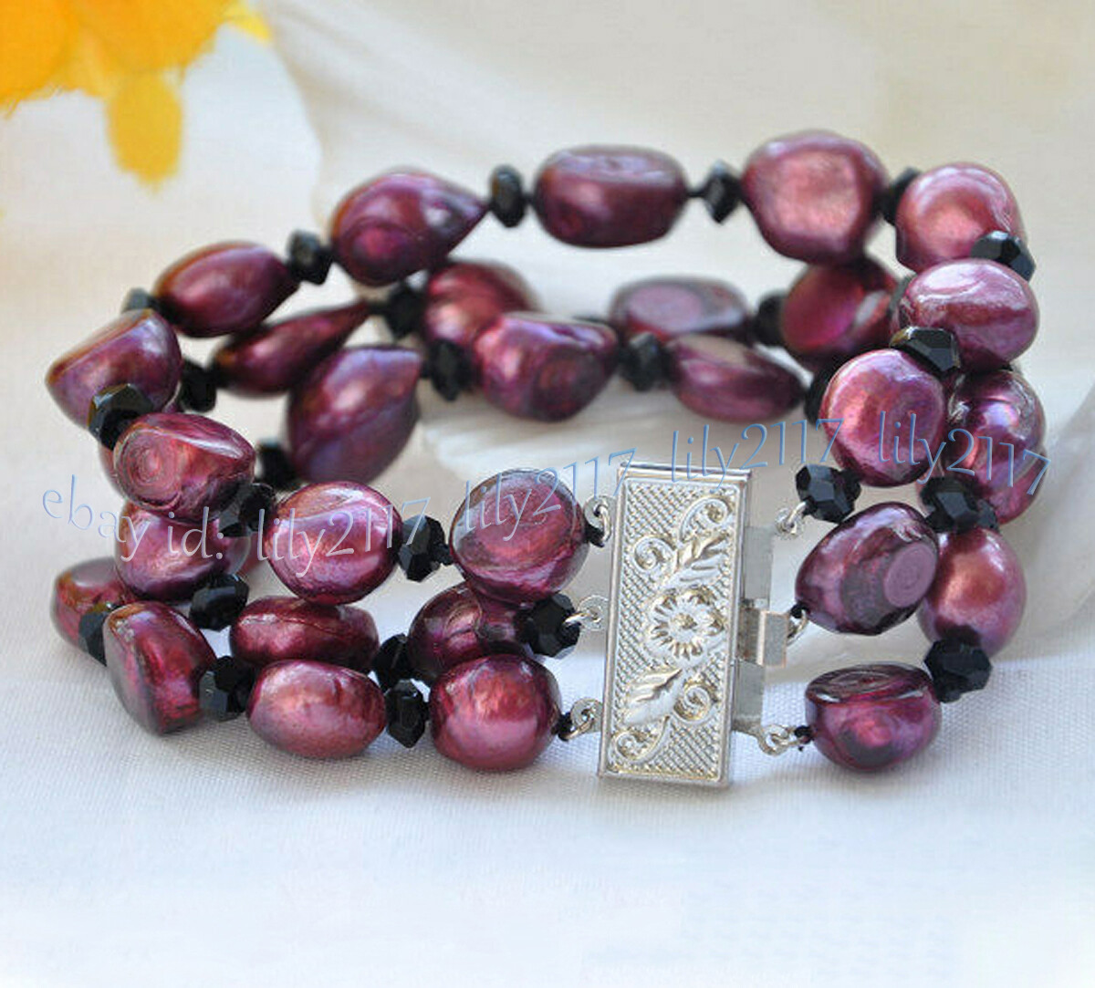 3Row 9-10mm Natural Purple Freshwater Baroque Pearl Crystal Beads Bracelet 7.5”