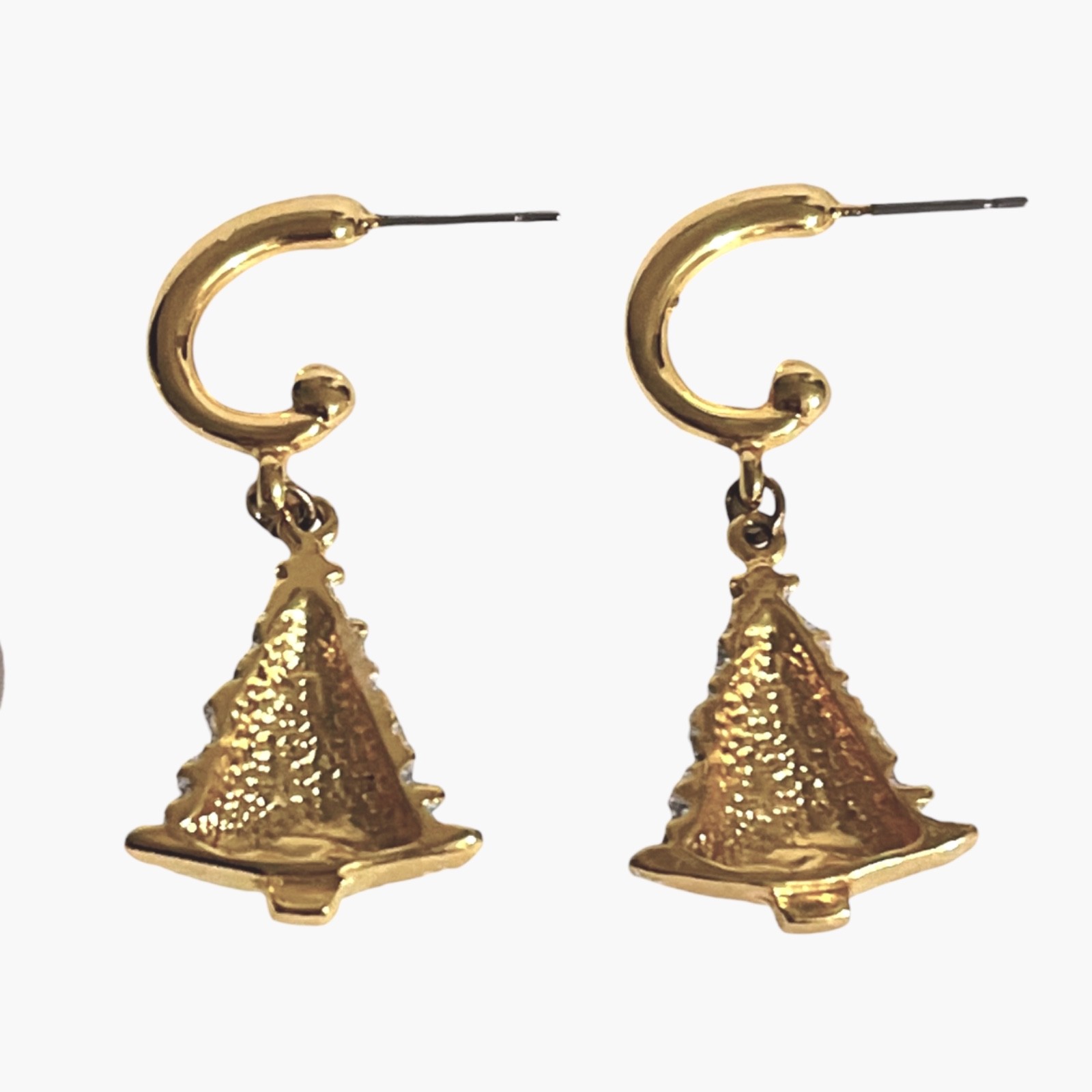 Christmas Tree Dangle Earrings Gold Tone Hoops Silver Tone Glitter Festive Party