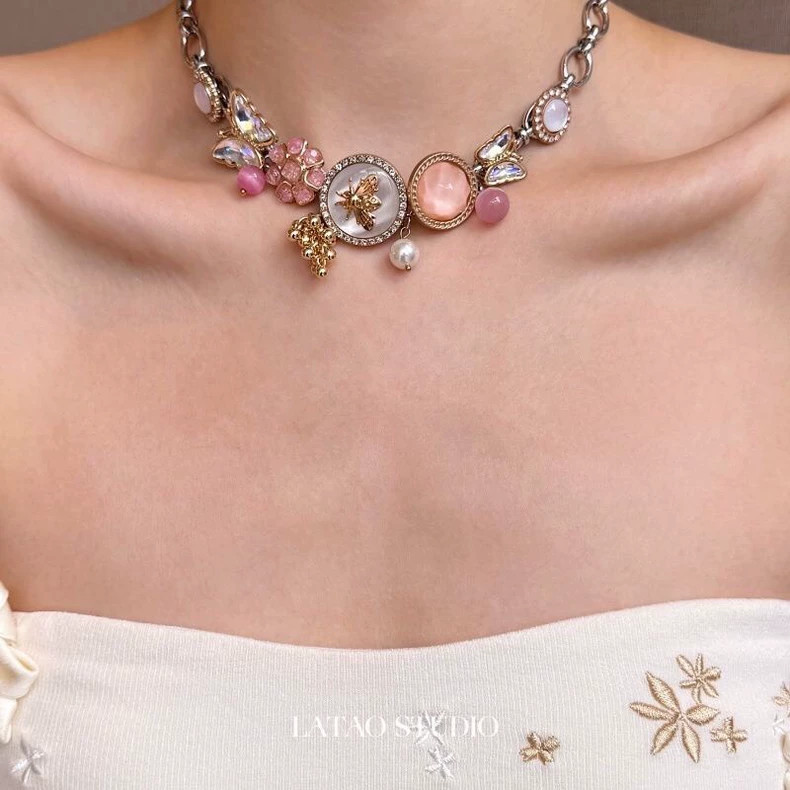 Pink Flower, Cherry, and Strawberry Necklace