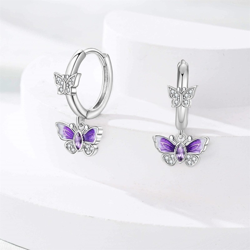 PANDACH 925 Sterling Silver Purple Butterfly Earrings For Women Drop Earrings