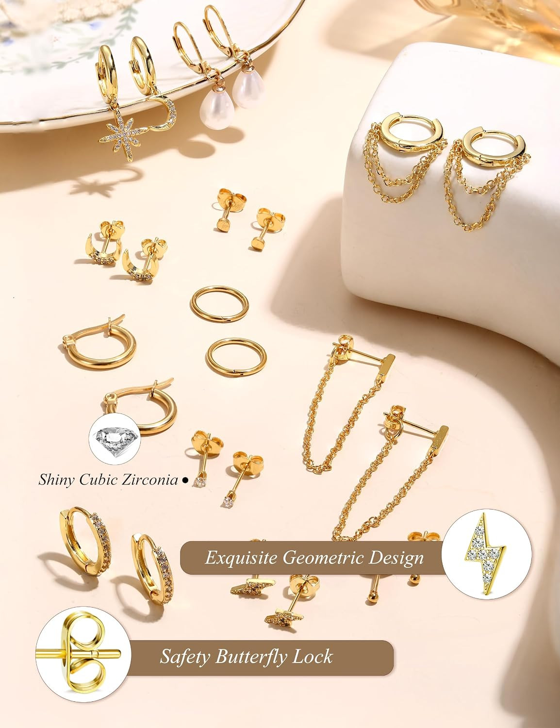 12Pairs Gold Hoop Earrings for Women 14K Gold Plated Cartilage Earring Sets for