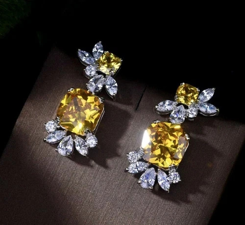 18K White Gold Filled 6CTW Yellow Citrine Gemstone Drop Earrings Christmas Gift