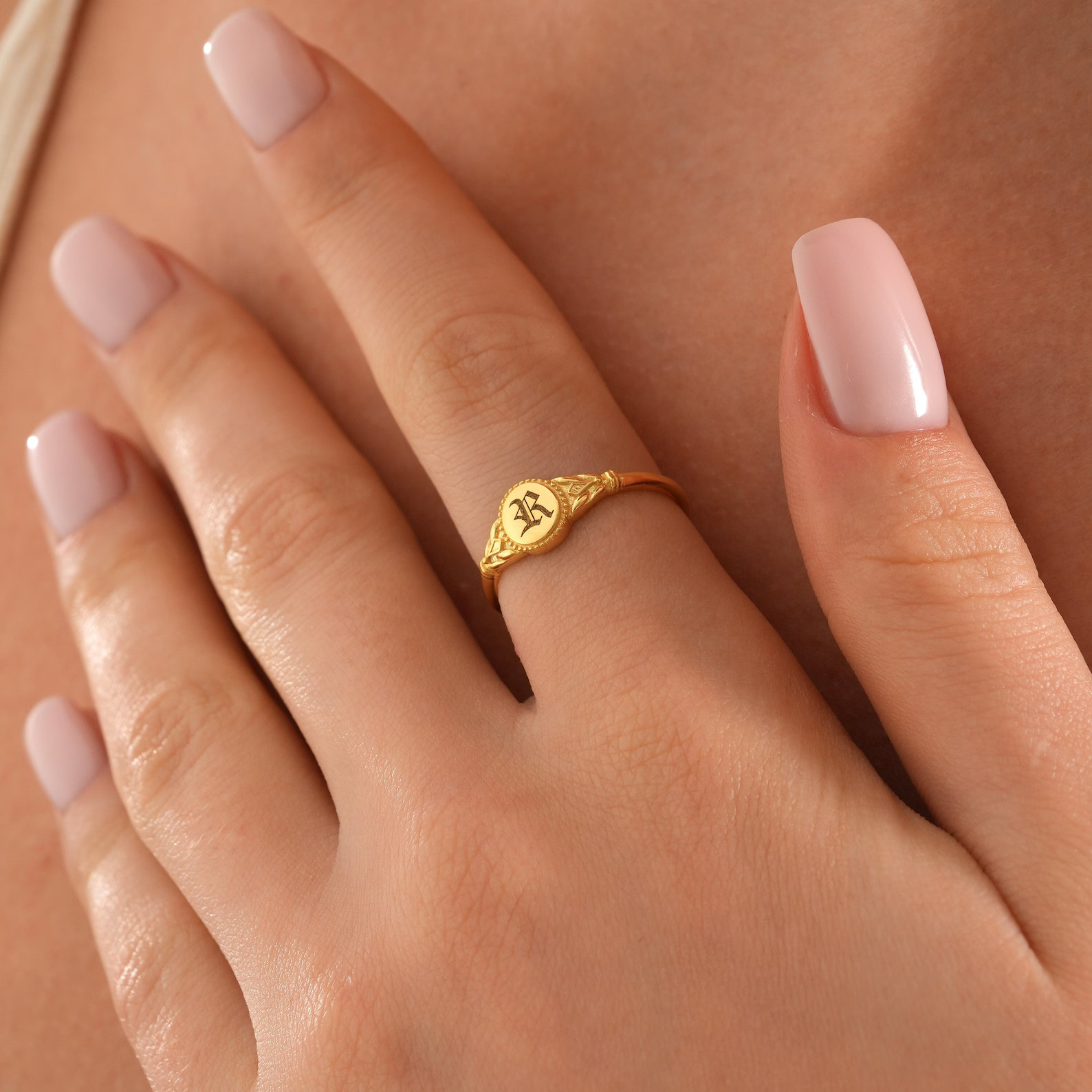Custom Initial Signet Ring, Dainty Gold Filled Gold Plated 925 Silver Ring