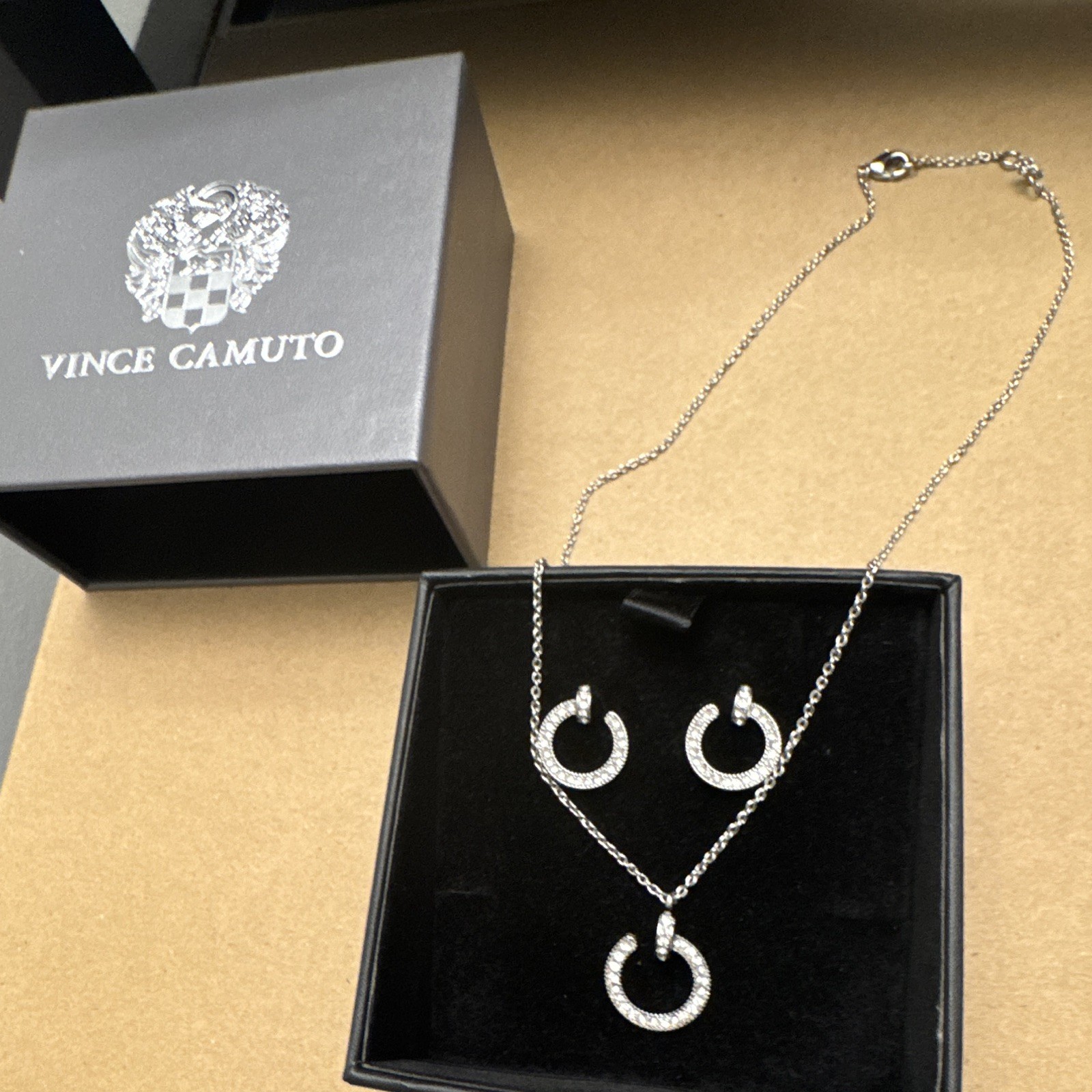 Vince Camuto Ayla Silver Tone Crystal Pendant Necklace & Earrings Jewelry Set