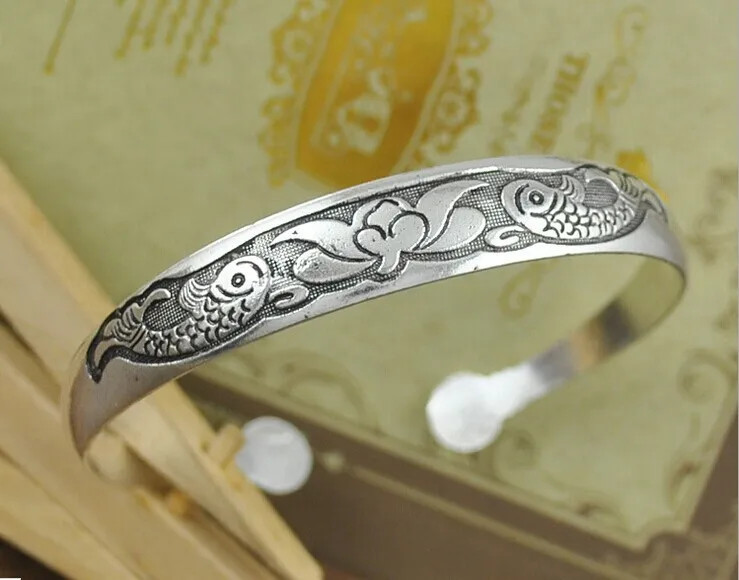 Classi Cuff Bracelet Tibetan Silver Plated Carved Flower Animal Opening Bangle