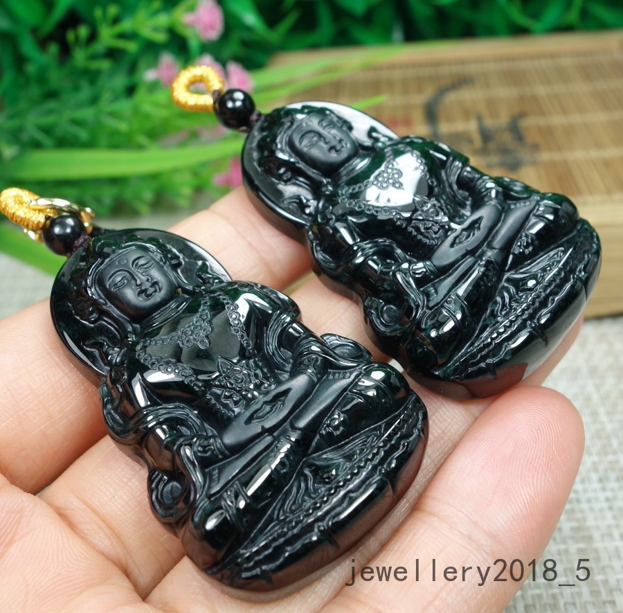 Certified Black Green Burma 100% Natural A jadeite Jade Pendant~Guan Yin 墨翠 渡母观音
