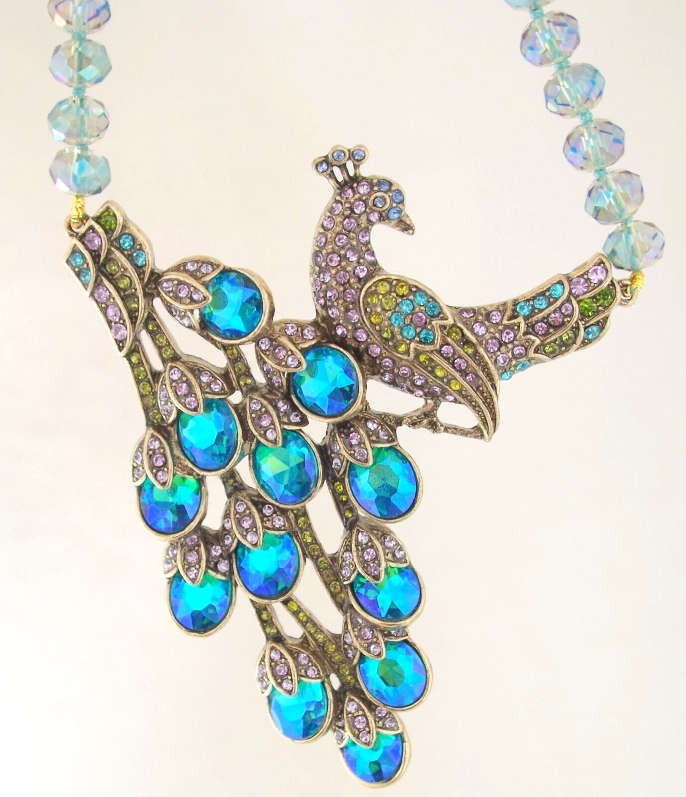 NWOT DESIGNER STYLE PEACOCK RHINESTONE PEACOCK BIRD AB CRYSTAL BEAD NECKLACE
