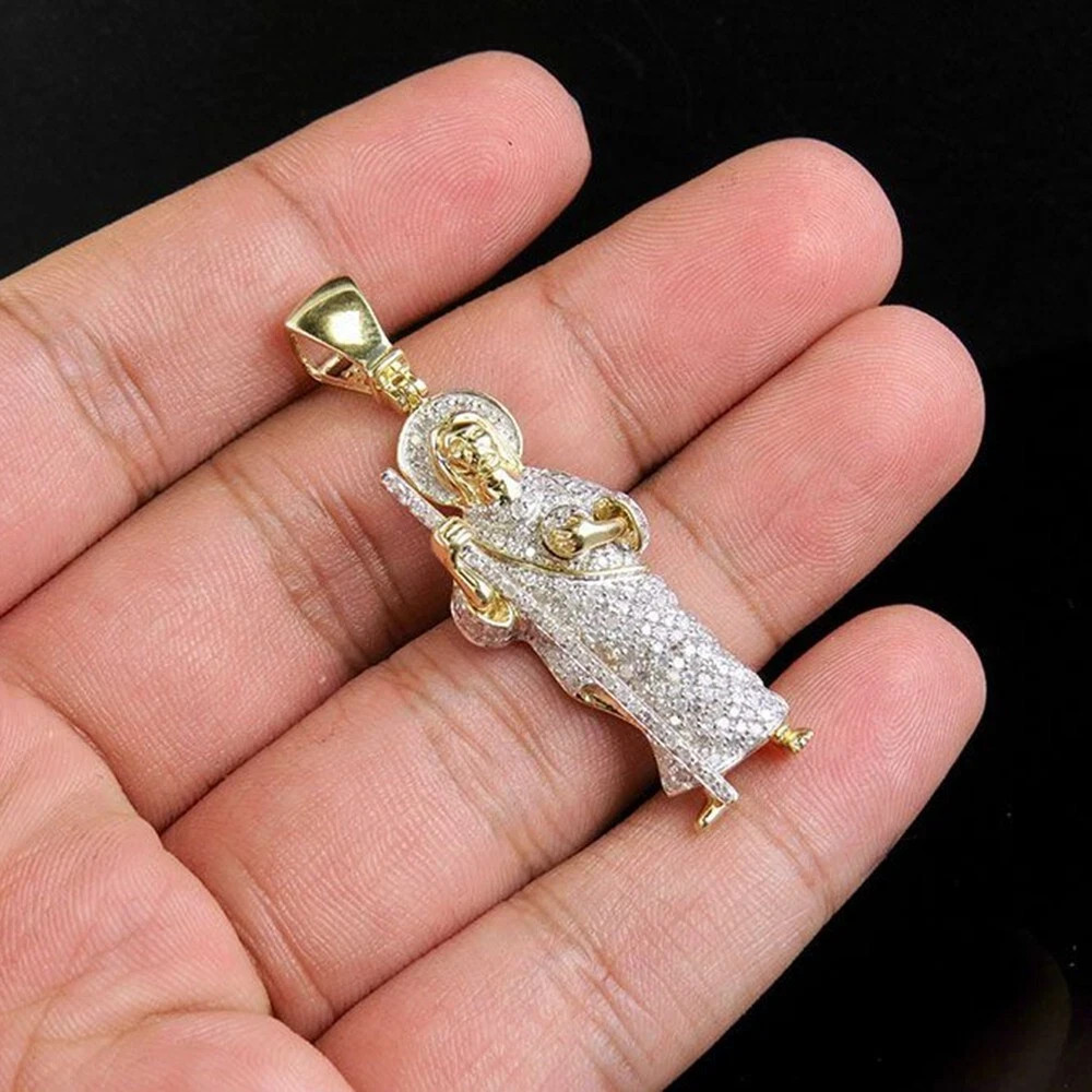 14K Yellow Gold Plated Jesus Shape Charm Pendant 2.50 Ct Round Simulated Diamond