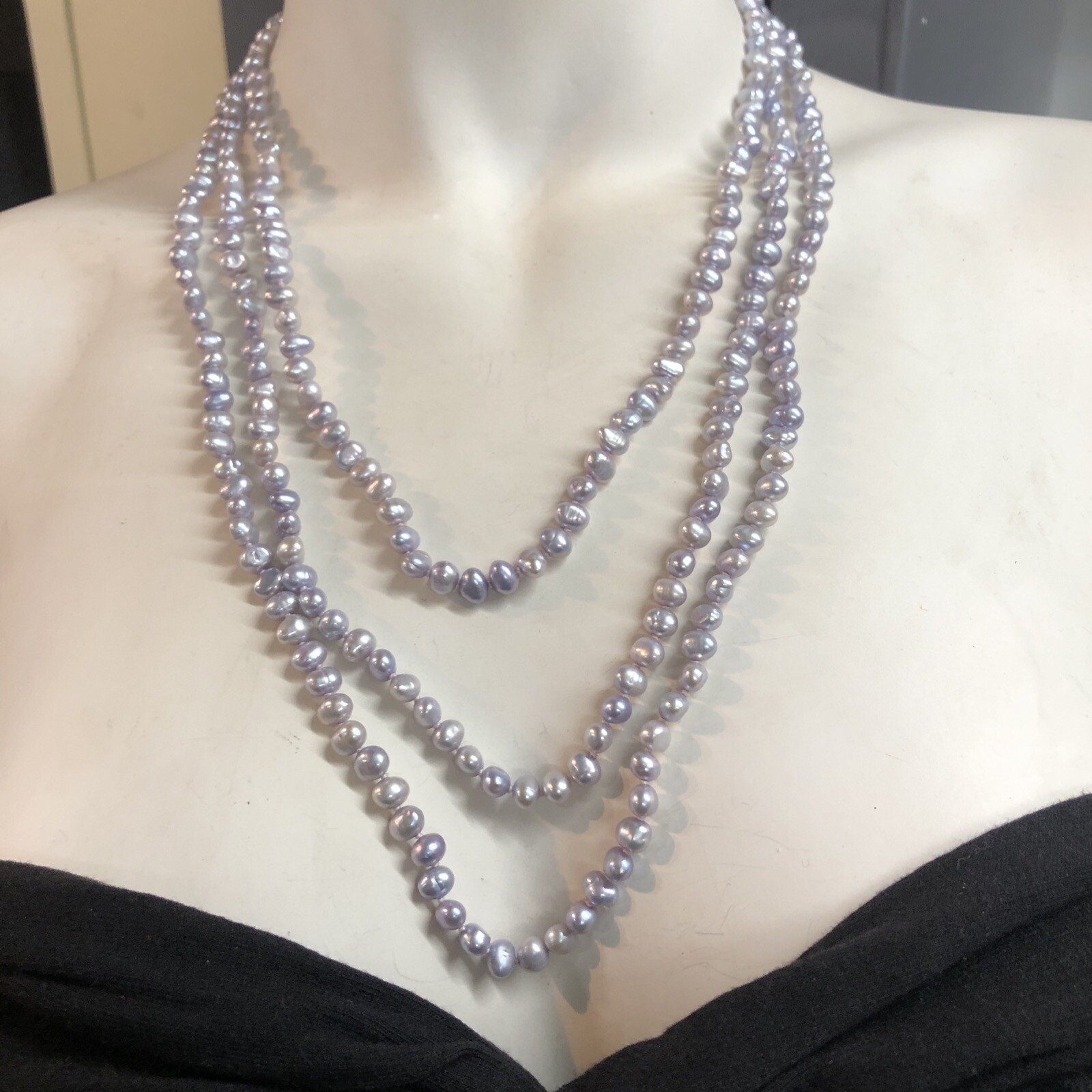 70” Hand Knotted 6-7mm Potato Gray Color Cultured Fresh Water Pearl Necklace