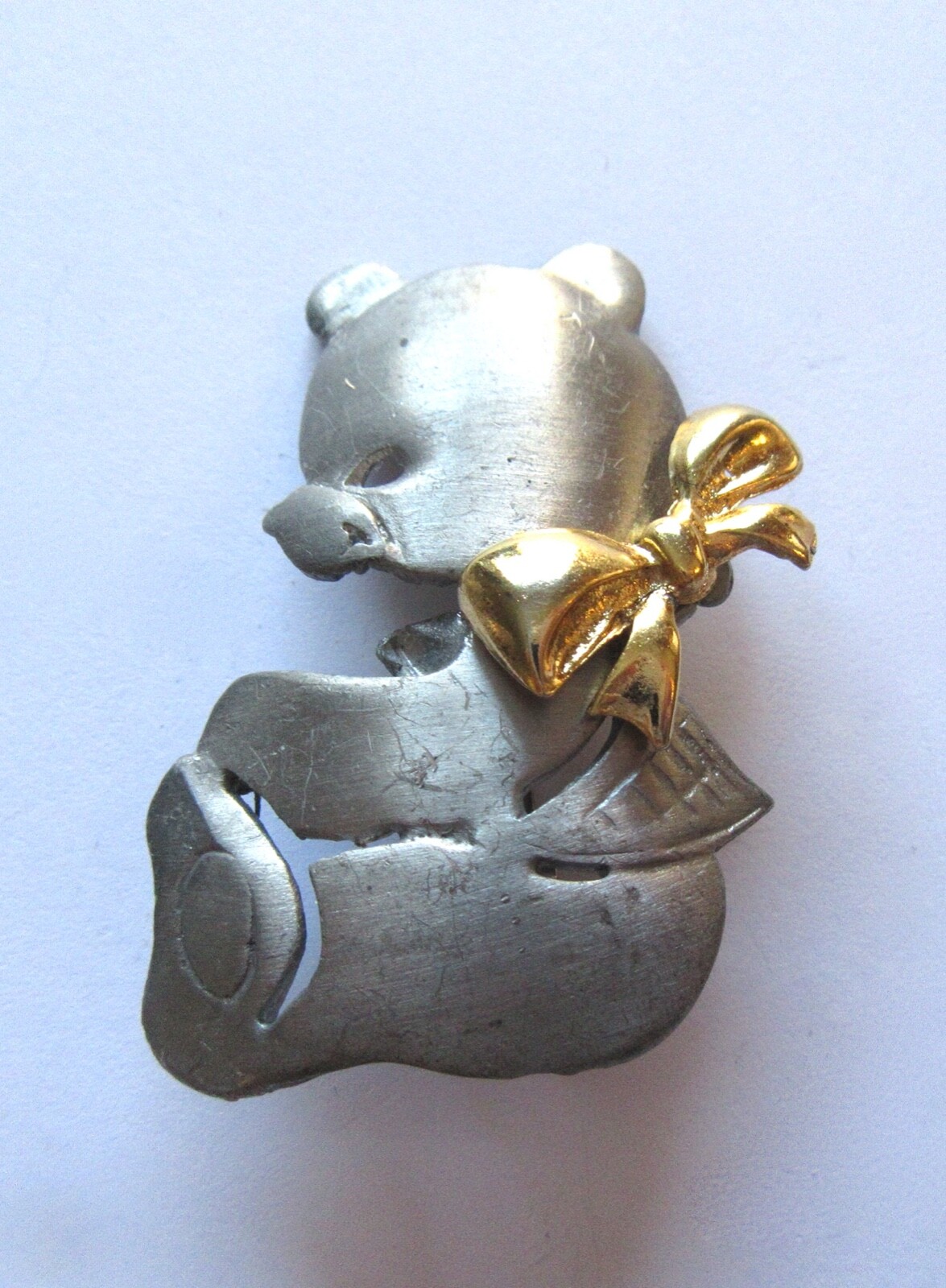 Ultra Craft Pin/Brooch- BEAR- dark -silver color- gold color bow