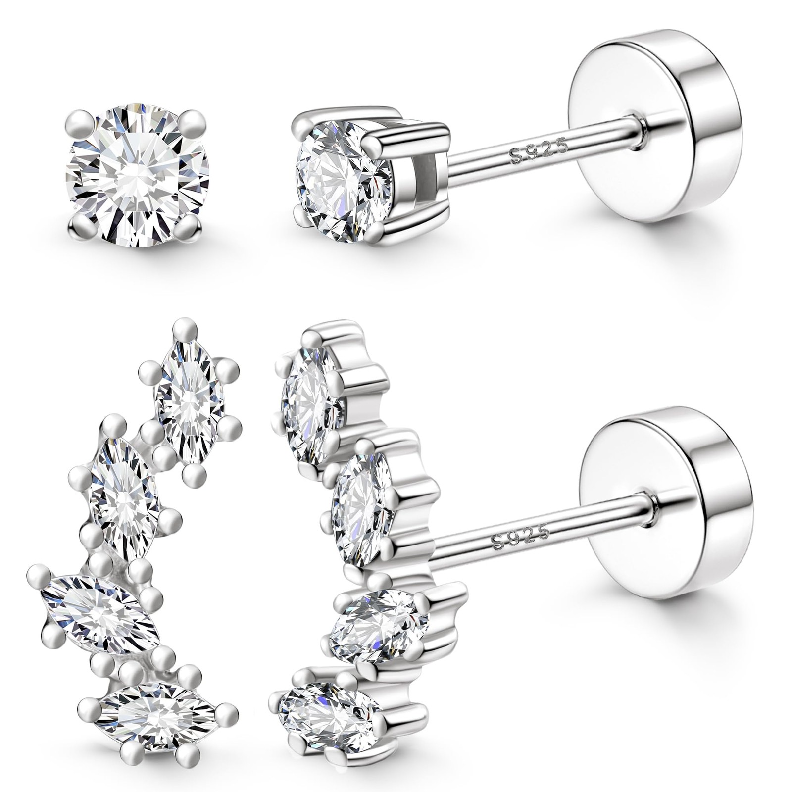 2 Pairs 925 Sterling Silver Flat Back Earrings for Women Dainty Gold CZ Flatb…