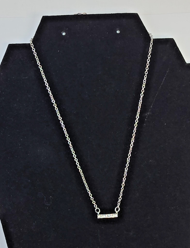 Silver Tone Glass Crystal Bar Pendant Necklace Minimalist Dainty 14 In Necklace