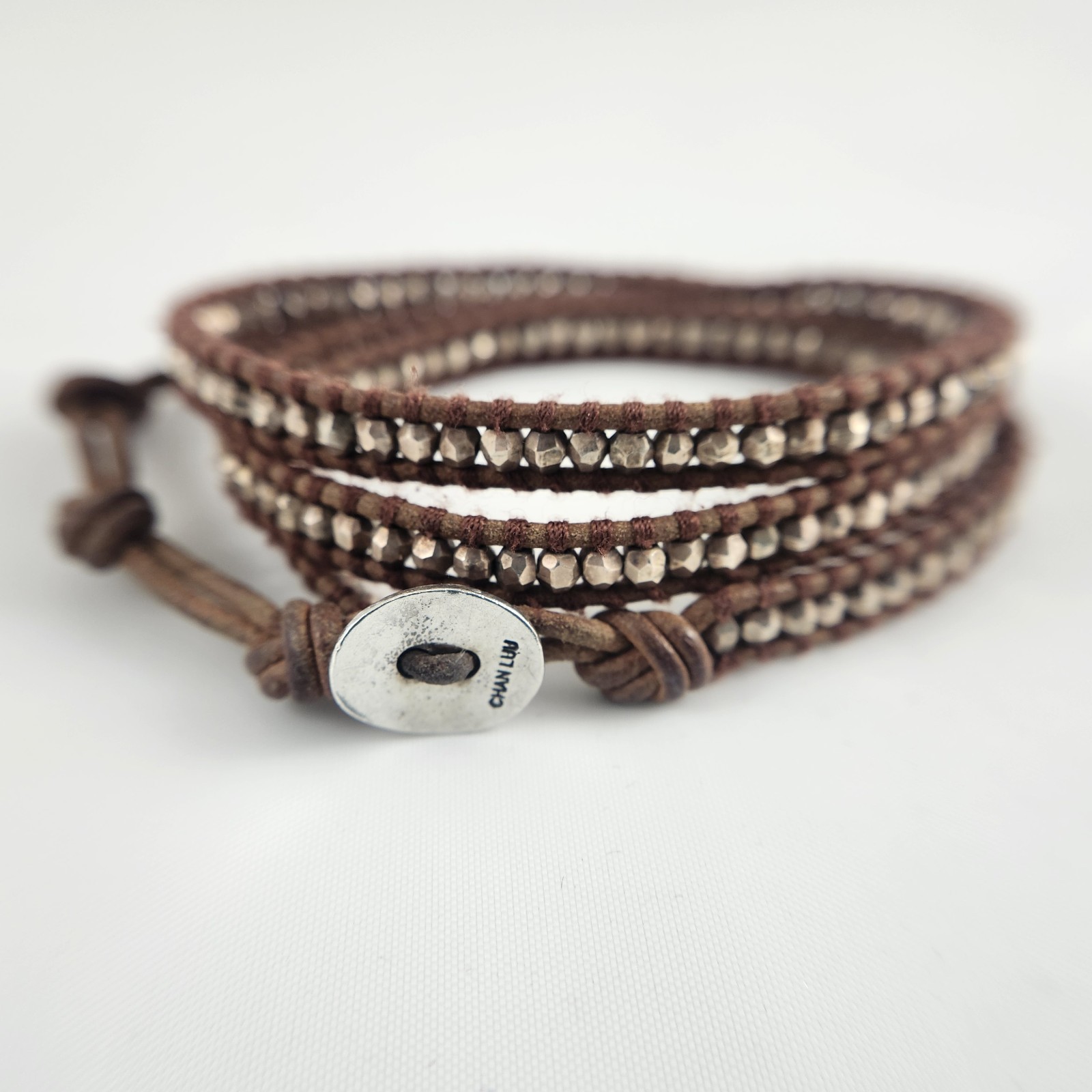 Chan Luu Adjustable Brown Leather Wrap Beaded Bracelet Sterling Button Closure