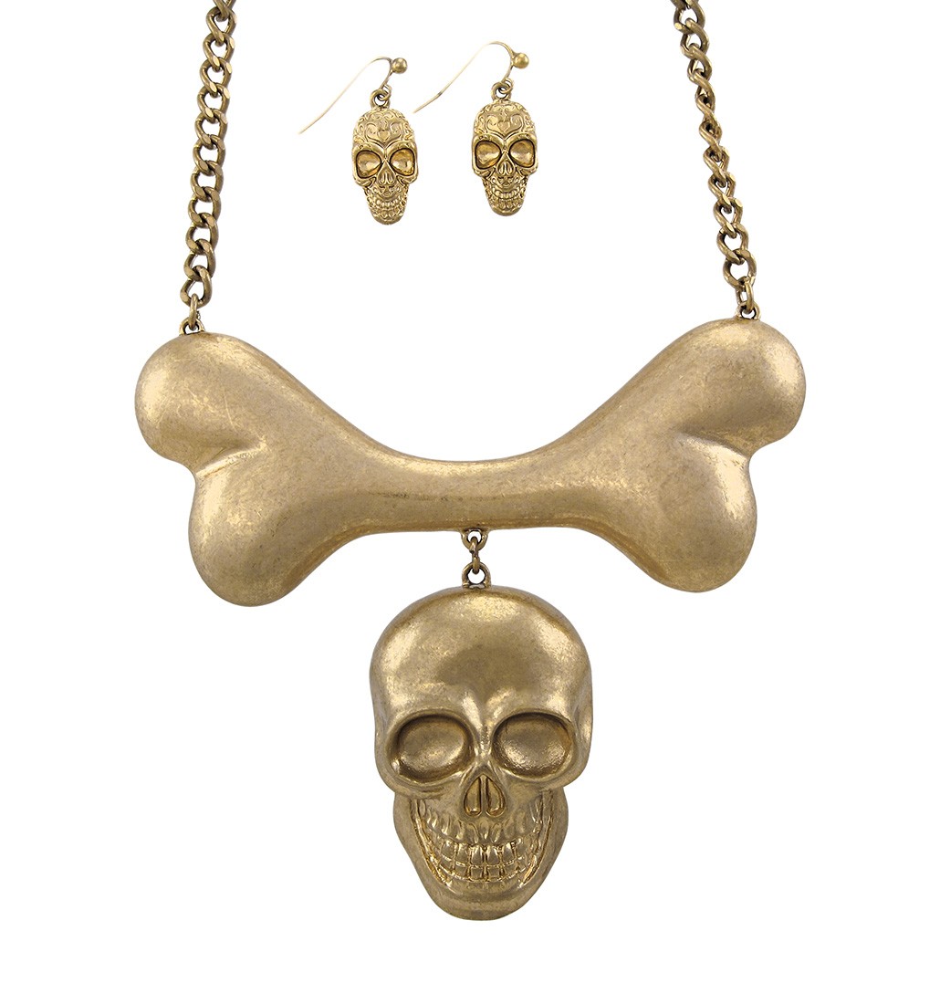 Zeckos Burnished Goldtone Skull And Bones Bib Necklace – Matching Earrings