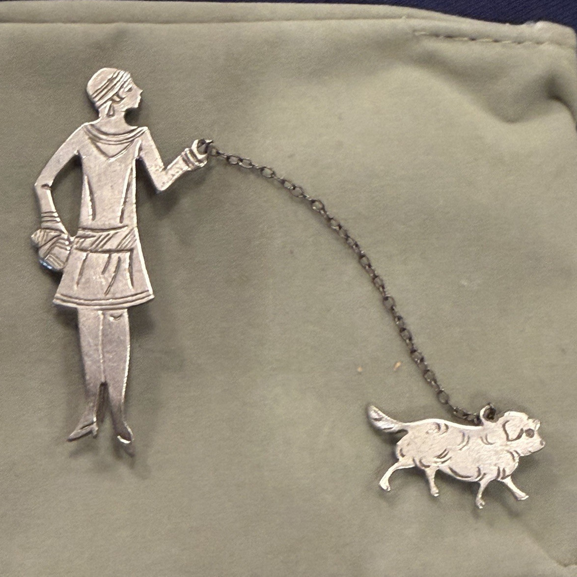 Silver Tone Figural Lady Walking Dog Brooch Pin w/ Chain, Metal