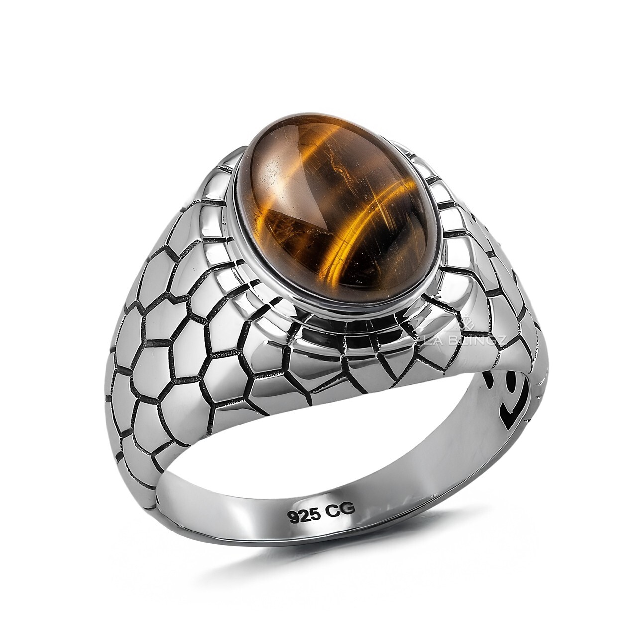 Sterling Silver Tiger Eye Oval Cabochon Statement Ring – Snake Skin Band