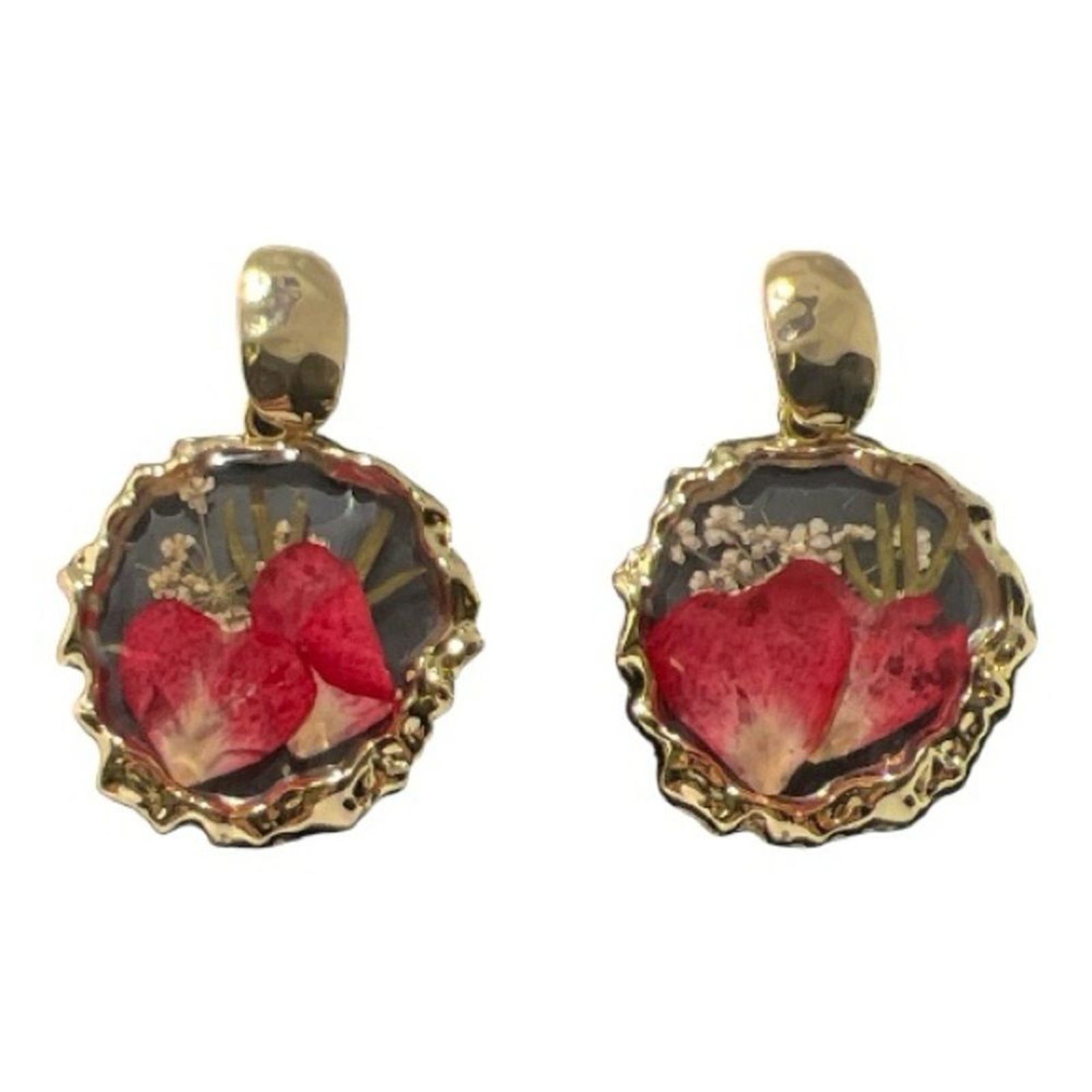 Pressed Flower Resin Earrings | Red Rose Petal Dangle | Gold Tone Floral Jewelry