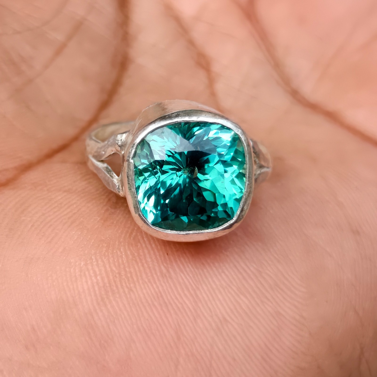 Rare Certified 36.75 Ct Blue Green Paraiba Tourmaline Sterling Silver 925 Ring