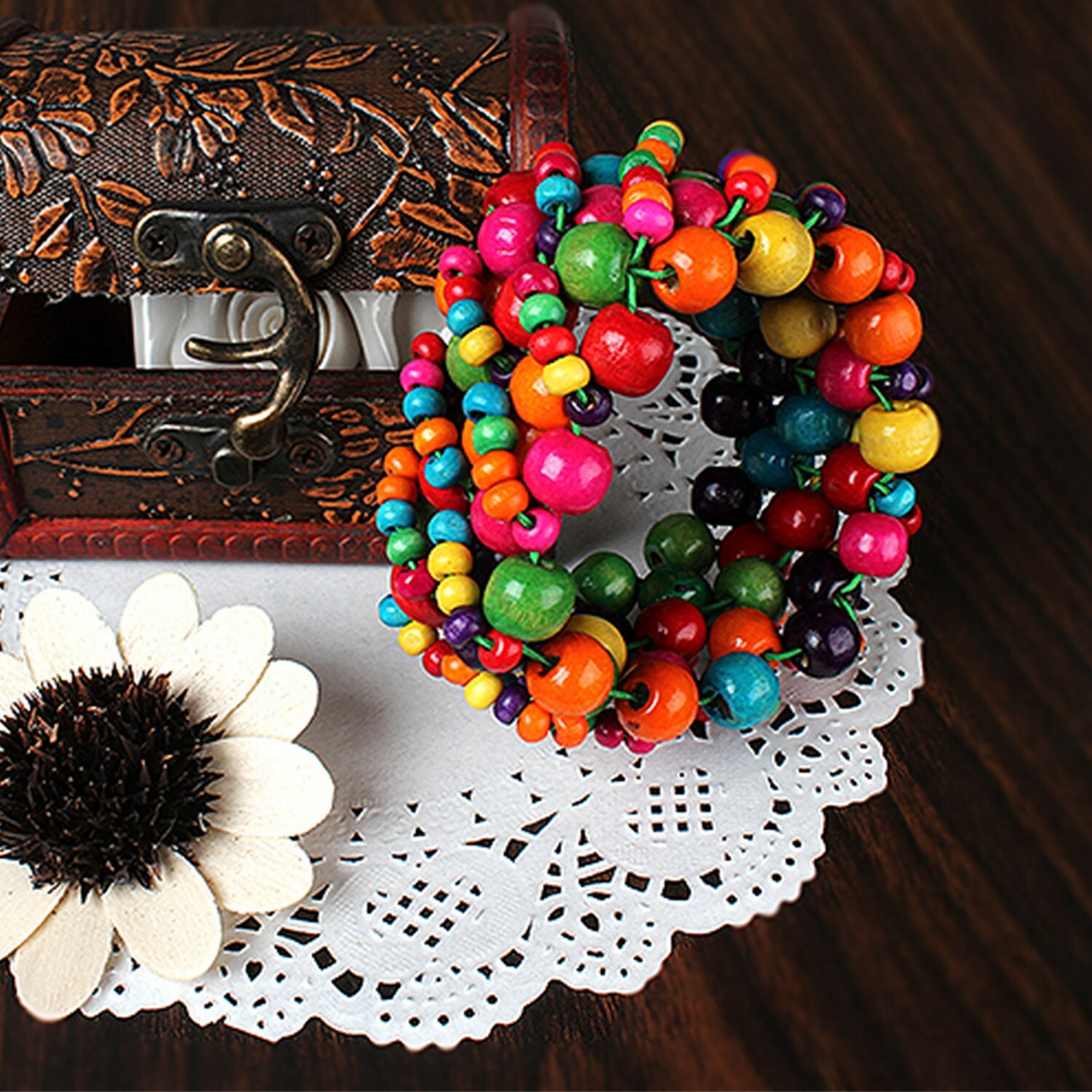 Women’s Fashion Retro Colorful Bracelet Wood Bead Bright Bohemian