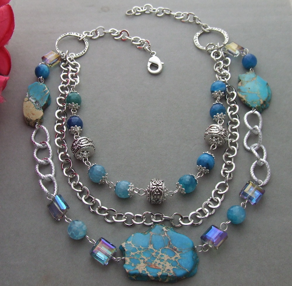 23″ 3rows Blue Sea Sediment Imperial Jasper Agate Crystal Necklace