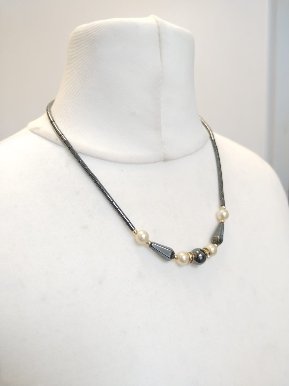Dark Grey Magnetic Hematite Mixed Shapes Faux Pearl, Rhinestone Beaded Necklace