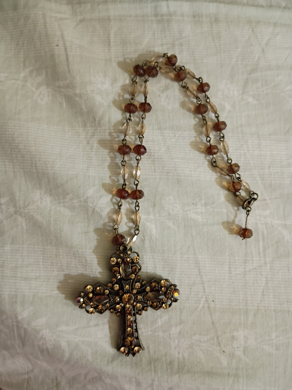 Brown Crystal Beaded Cross Pendant Necklace Cable Chain Metal Religious