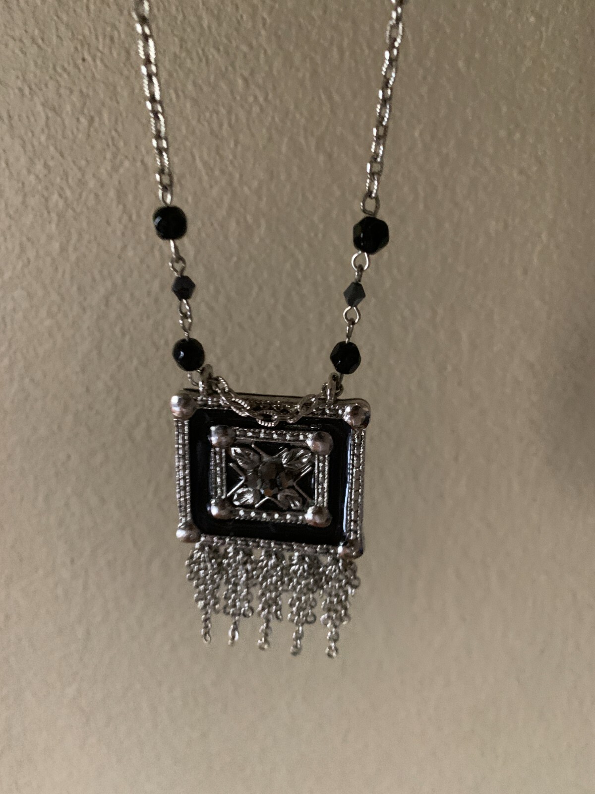 Silver Tone & Black Square Pendant Necklace w Dangling Chains & Magnetic Clasp