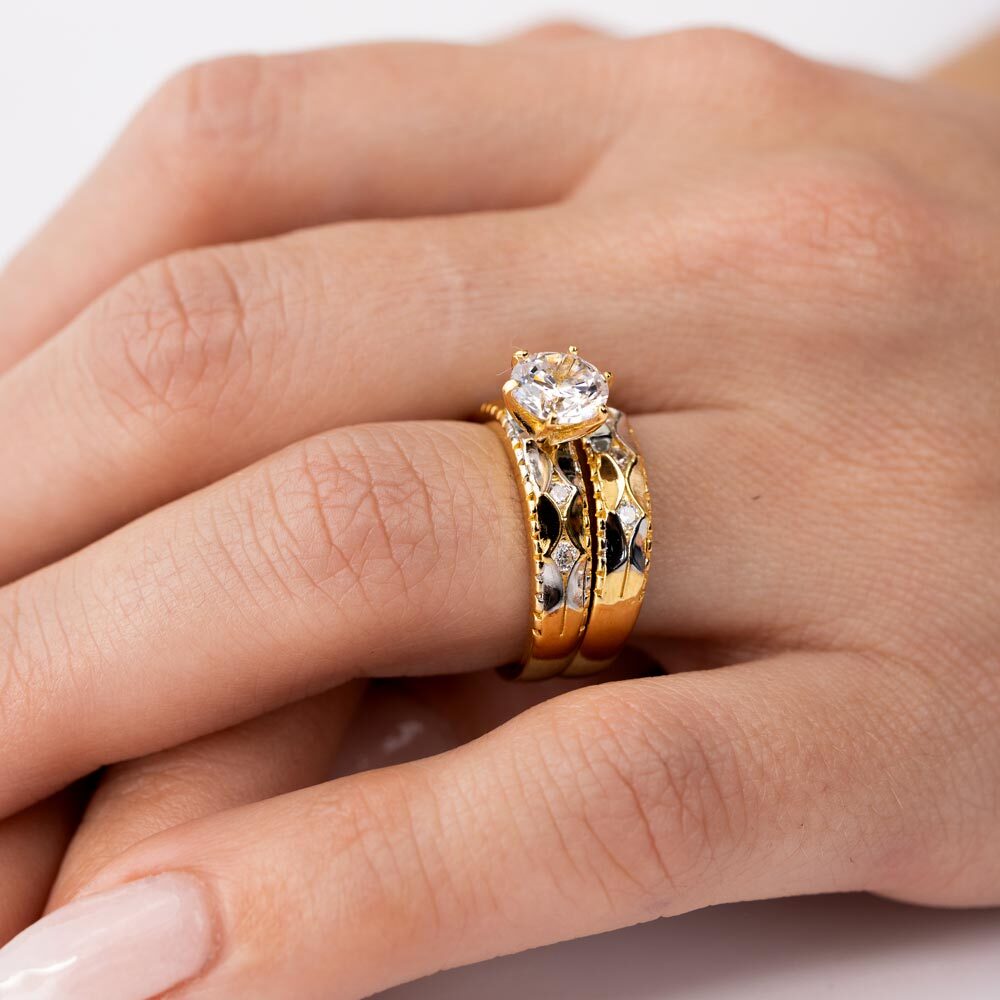 14K YELLOW GOLD OVER SILVER HAMMERED RING SET LAB SIMULATED FLAWLESS DIAMONDS