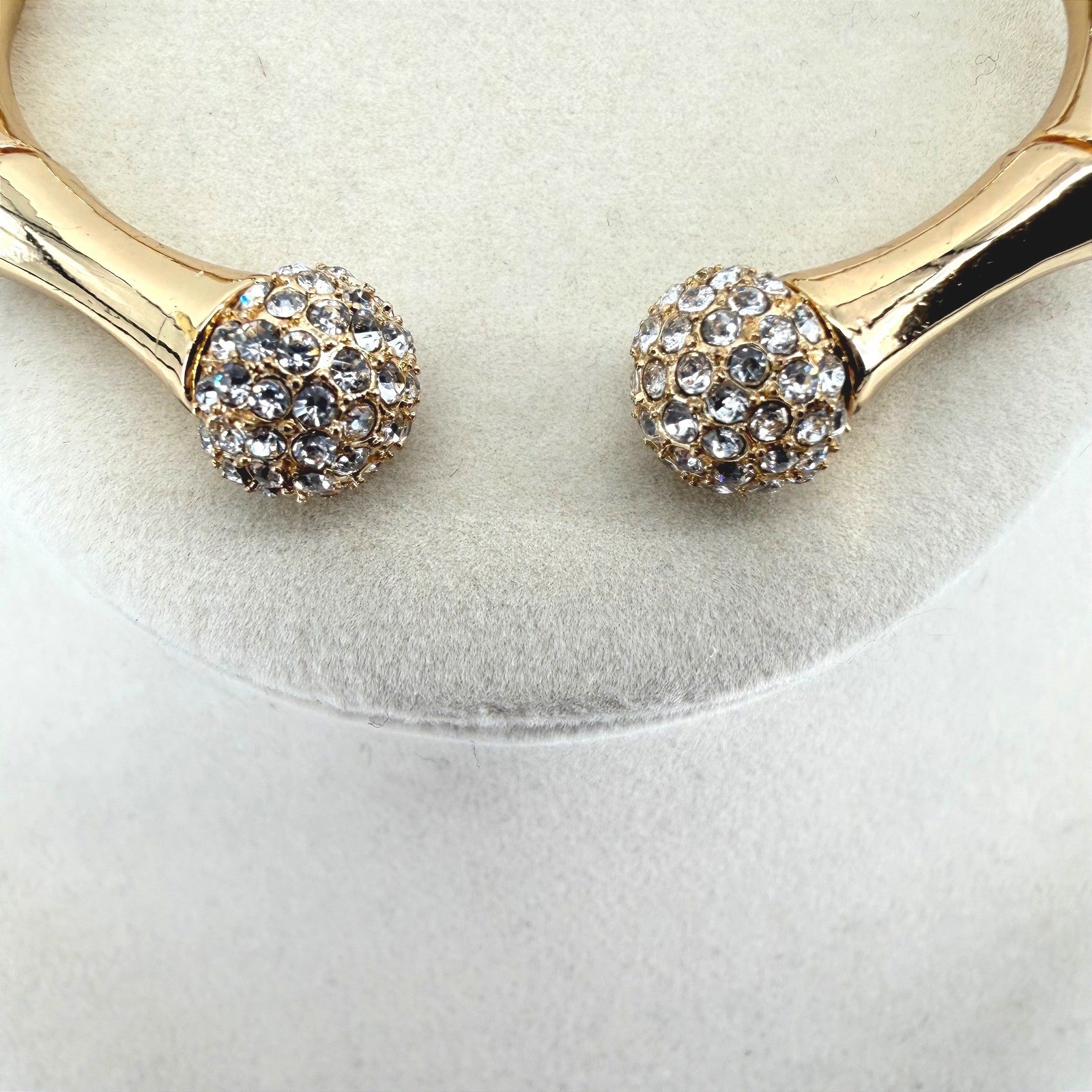 Gold Bamboo Hinged Cuff Bracelet Rhinestone Orb Bypass Bangle Statement Jewelry