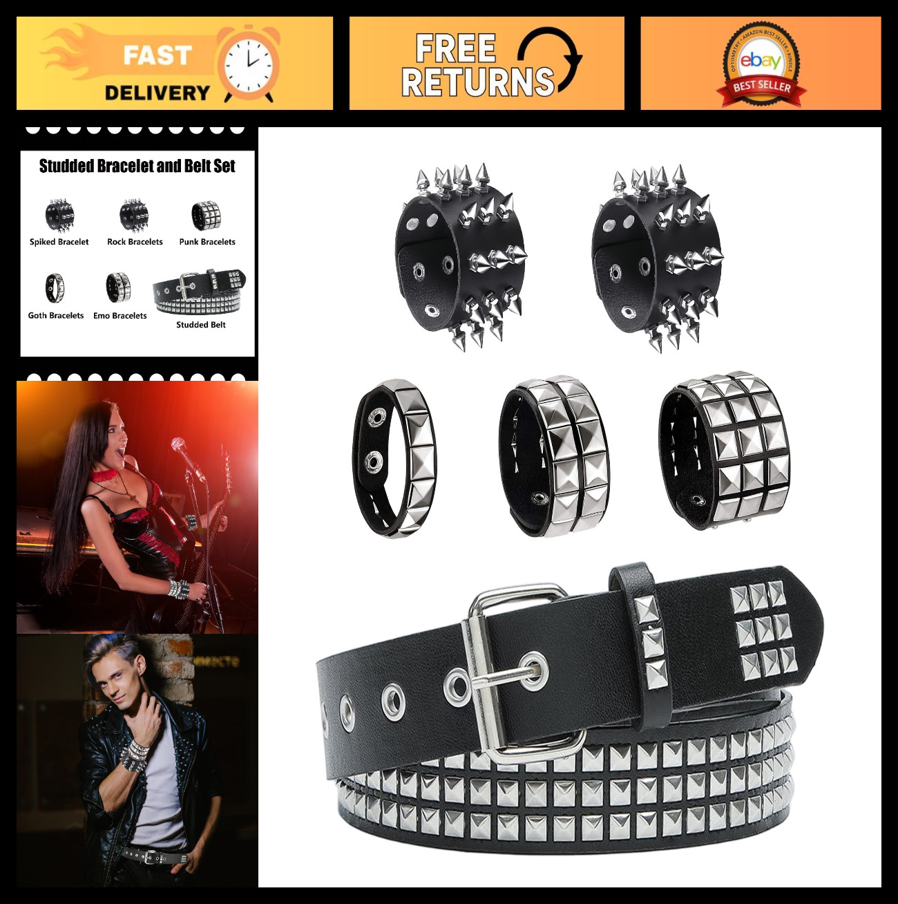 Black Studded Belt & Punk Bracelets Set – Emo Spiked Cuffs, Goth Accessories for