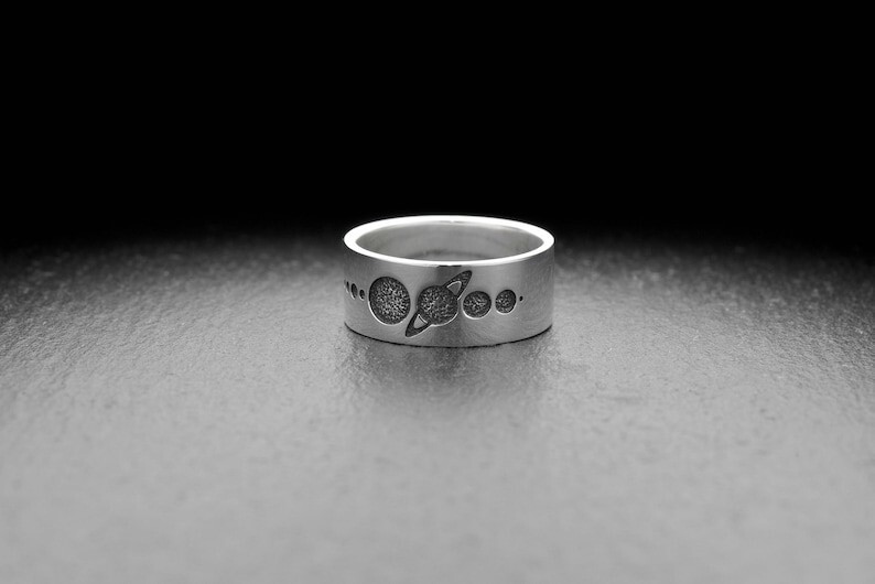 Sterling Silver Solar System Ring – Space Jewelry with Planets, Saturn Design