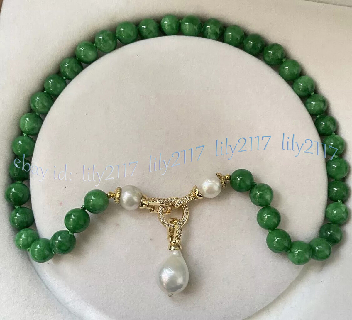 Natural Green Jade Round Gems Beads White Baroque Keshi Pearl Pendant Necklace
