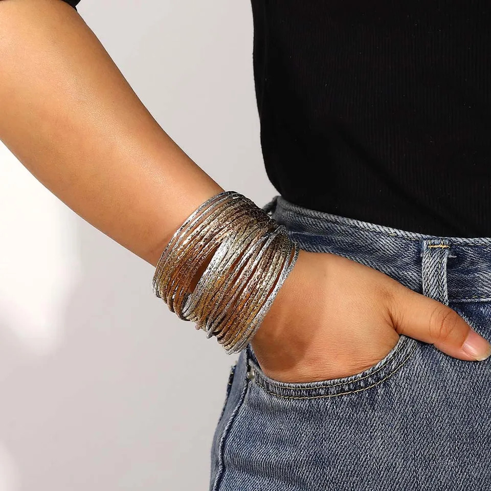 Triple Color Leather Wrap Bracelet Multilayer Slim Glitter Rope Chain Women
