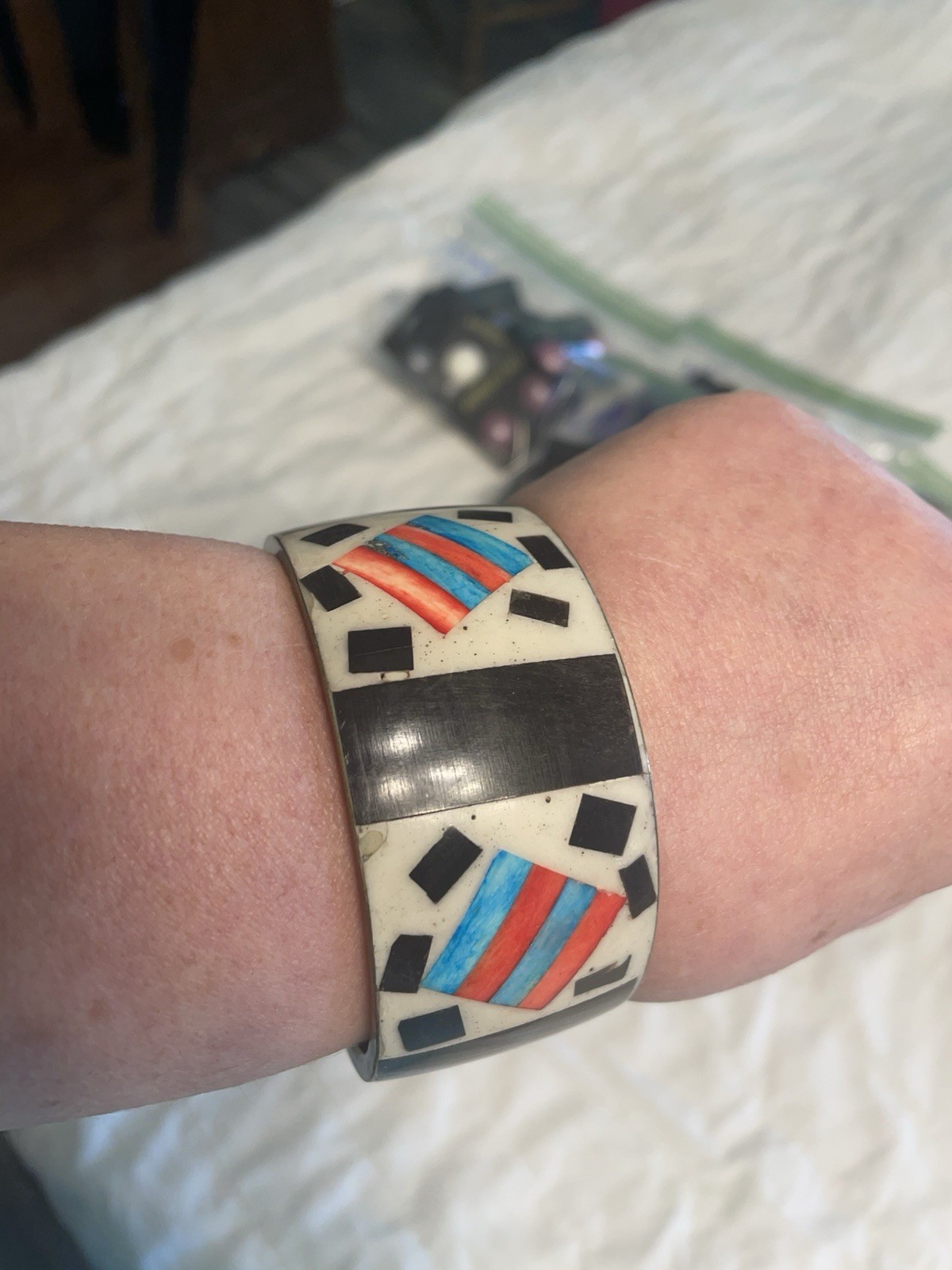 Vintage 80’s Wide Brass Bangle Black White Red Blue Geometric Inlay 8 in.