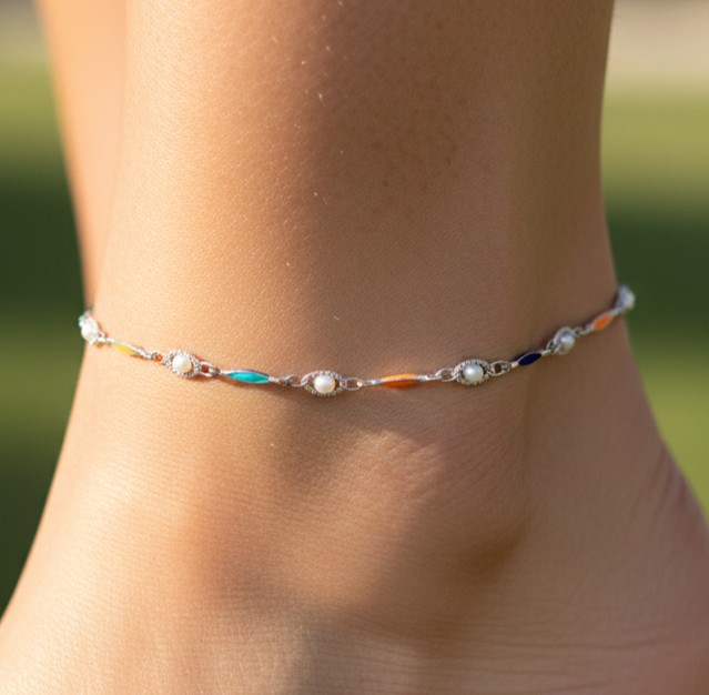 Elegant Multi-Color Beaded Anklet | Silver-Plated Brass Chain Anklet For Female