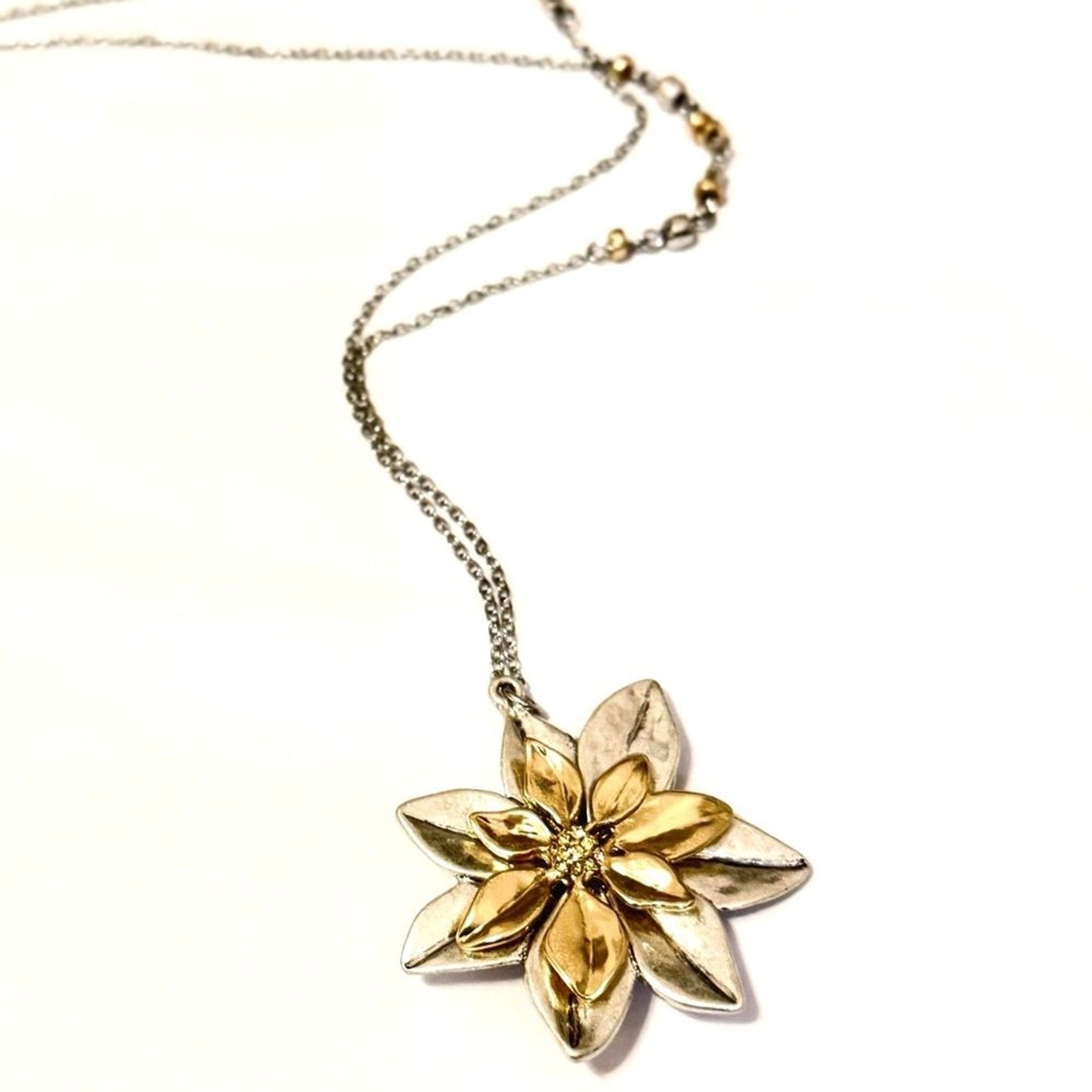 J.JILL Reversible Two-Tone Flower Pendant Necklace on Long Silver Chain | NEW