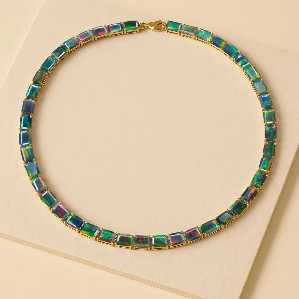 Fire Black Opal Octagon Gemstone Tennis Necklace, Natural Opal Gemstone 925
