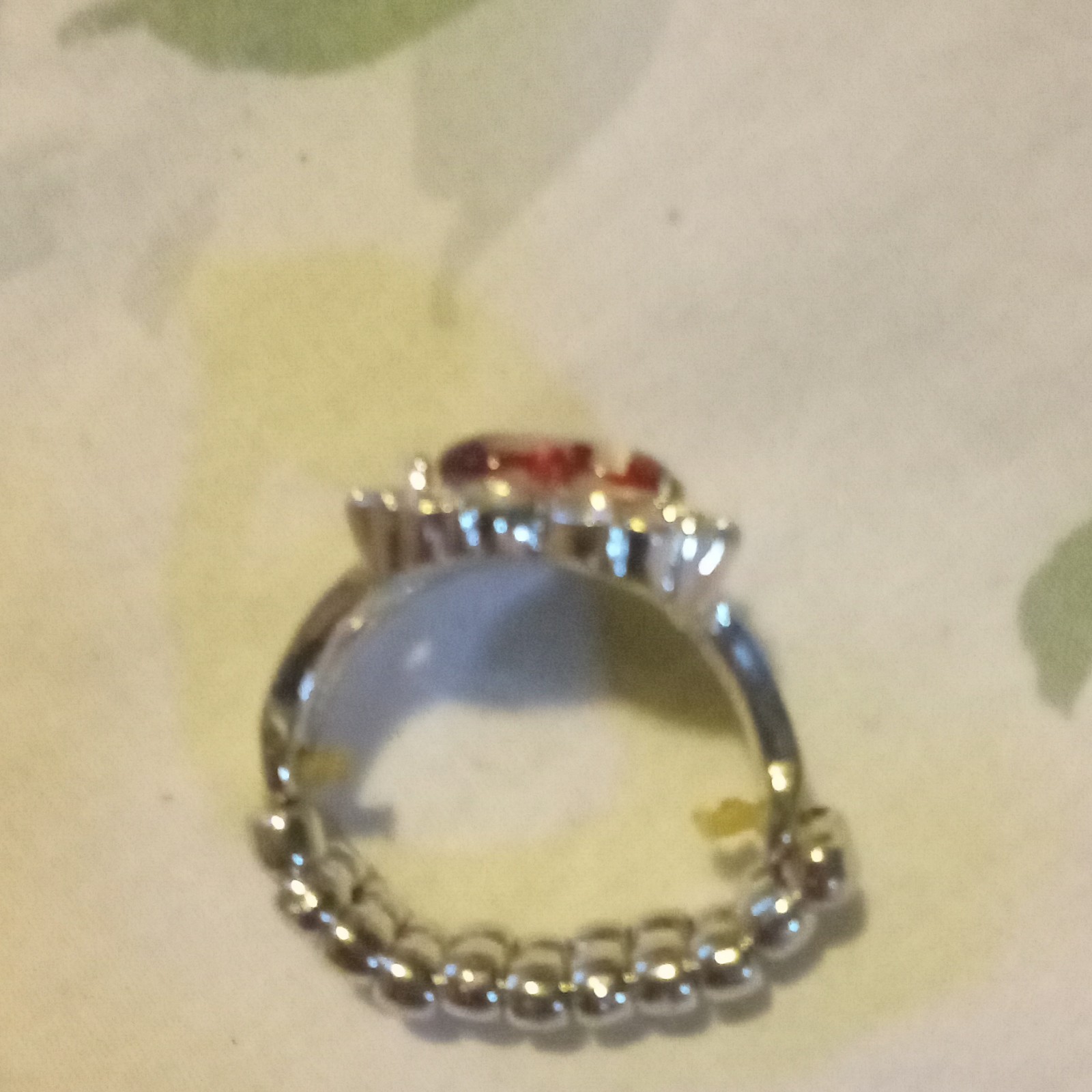 Vintage Silver-Tone Heart Stretch Ring with Red/White Stone & Crystal Accents