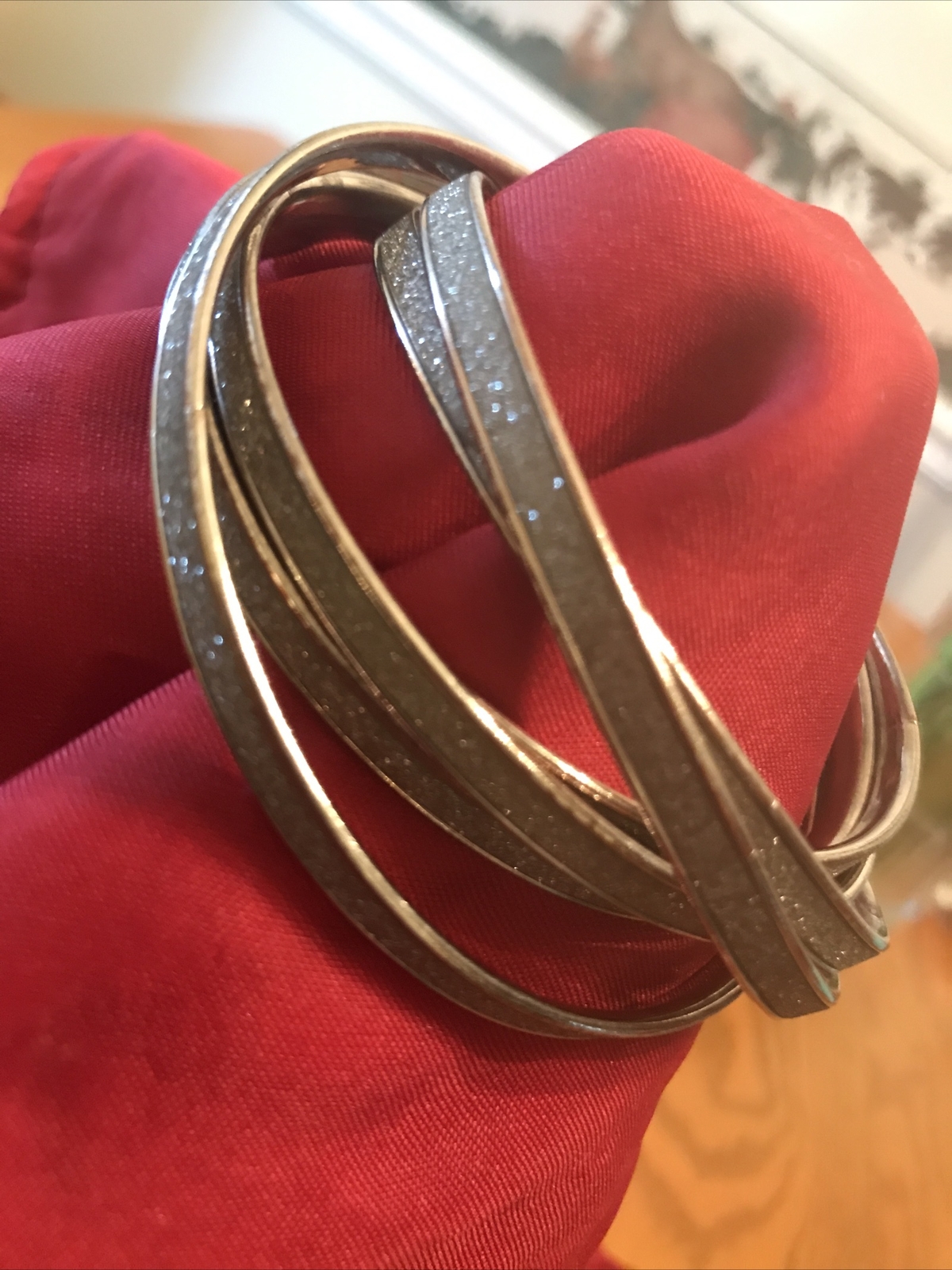 6 Dangle Bracelets Silver Tone Glittery Copper Trim Adult Size Intertwined