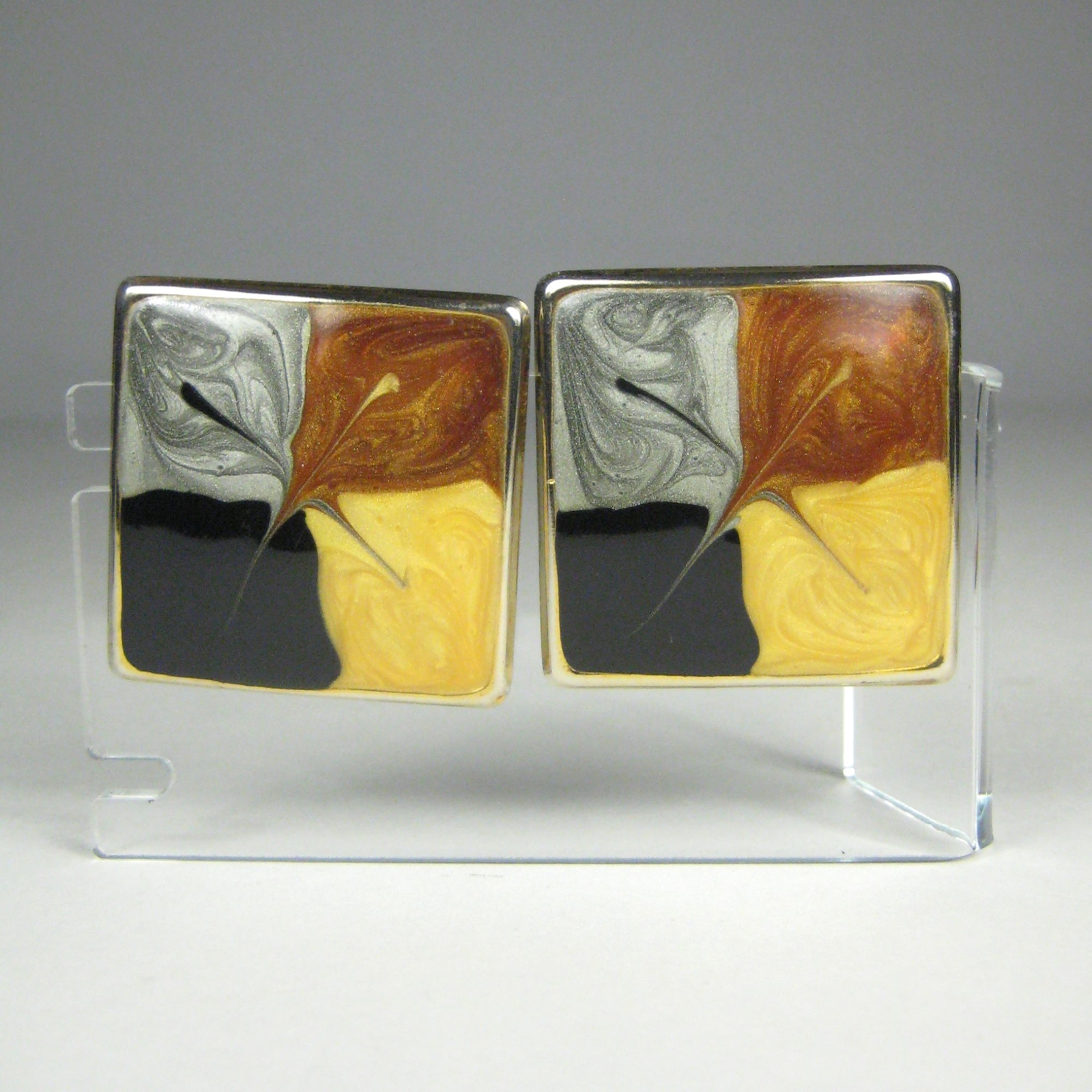 Enamel Square Earrings Pierced Stud Goldtone Women Jewelry 1.4 in Statement
